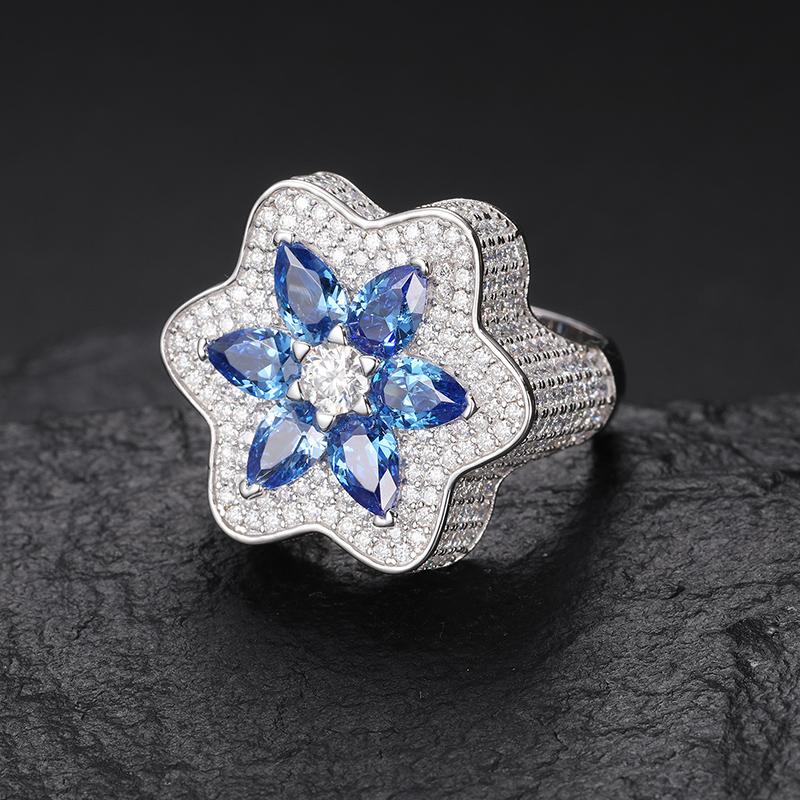 【#R306 】925 Sterling Silver Lucky Clover Cross Ring With Pink Blue Water Drop Stone Iced Out Couple Rings for Women Men Hip Hop Gifts