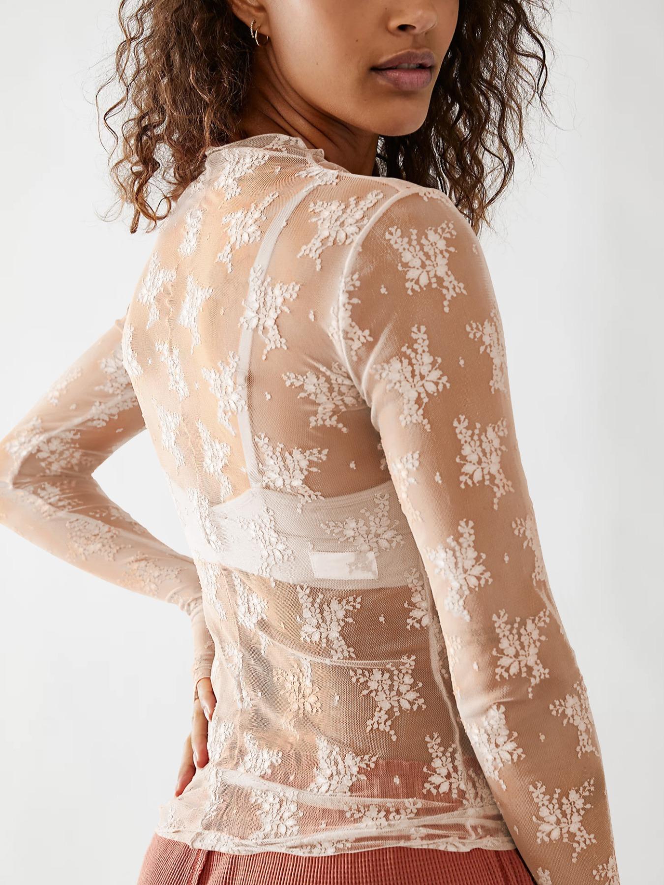 Women's Floral Lace Sheer Cover Up Top, Beach Cover Ups, Casual Long Sleeve Top for Beach Holiday Vacation, Ladies Clothes for All Seasons