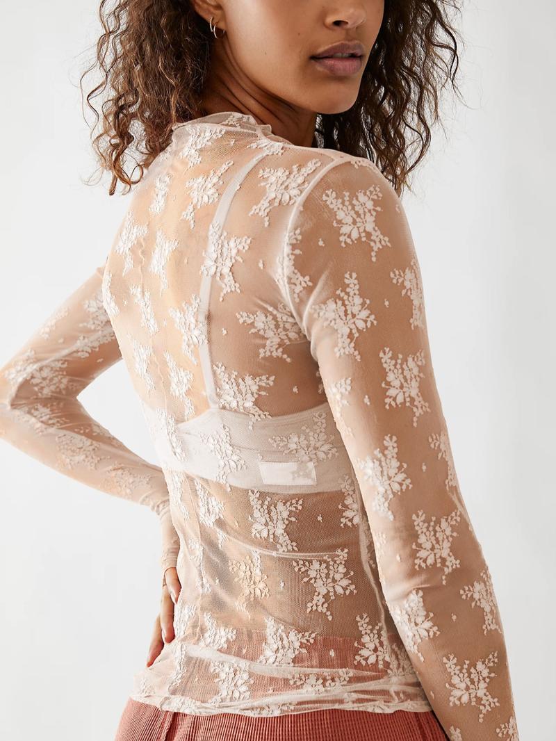 Women's Floral Lace Sheer Cover Up Top, Beach Cover Ups, Casual Long Sleeve Top for Beach Holiday Vacation, Ladies Clothes for All Seasons