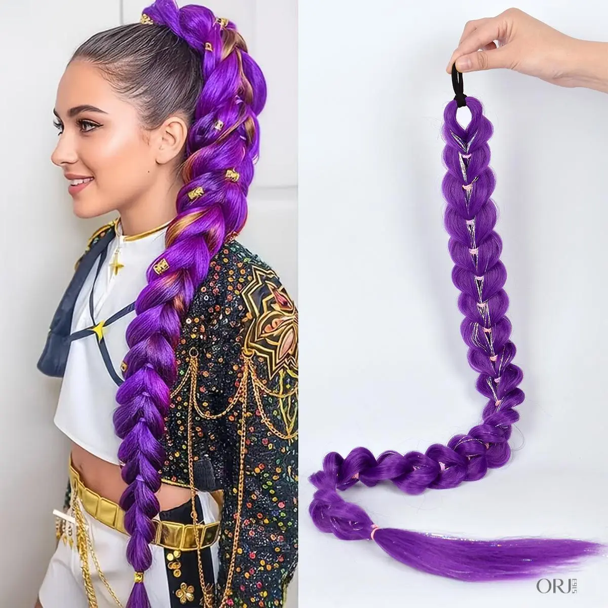 Purple Gradient Braided Ponytail Hair Extension for Kids, Bubble Braid Clip‑In Hairpiece for Girls
