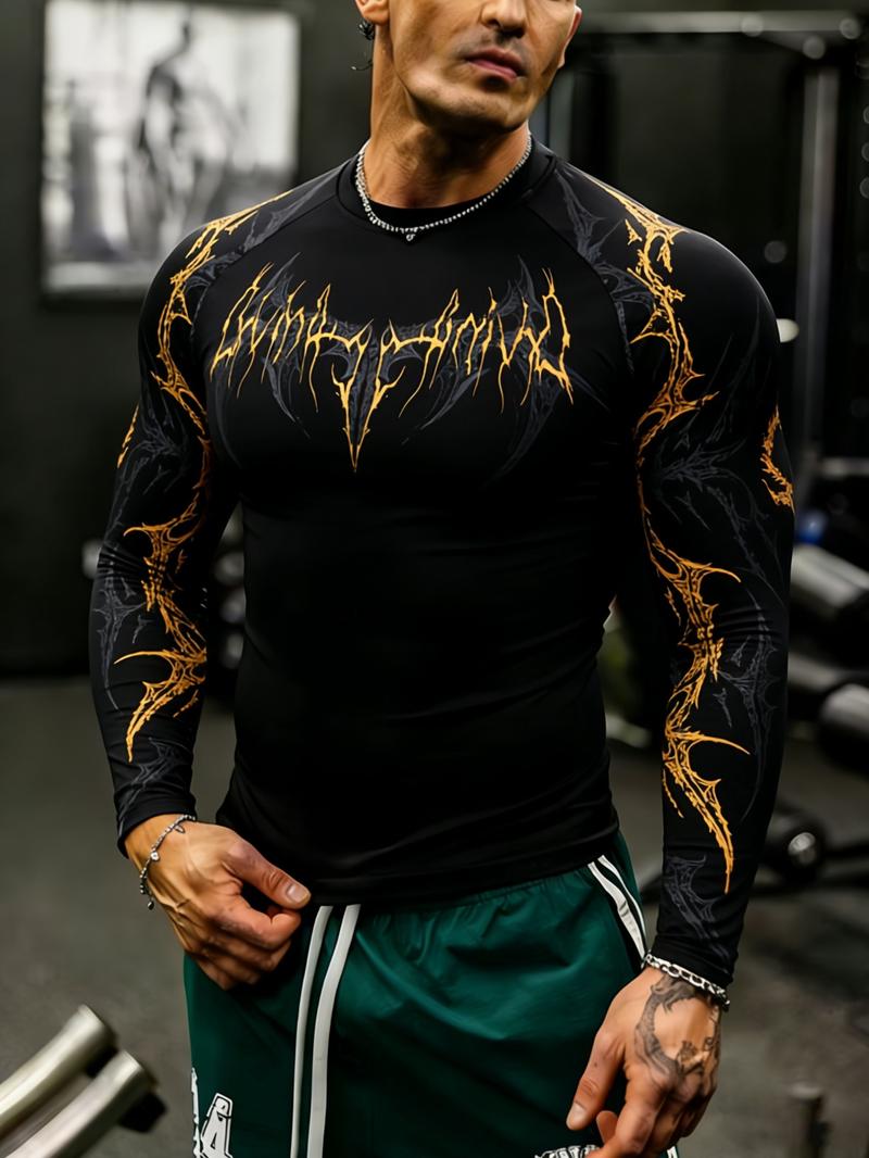 Men's Professional Sports Quick-Dry Fitness Shirt, Gothic Print Long Sleeve, High Elasticity, Round Neck, Moisture-Wicking, Running, Training, Daily Wear Men's Professional Sports Quick-Dry Fitness Shirt, Gothic Print Long Sleeve, High Elasticity, Round Neck, Moisture-Wicking, Running, Training, Daily Wear