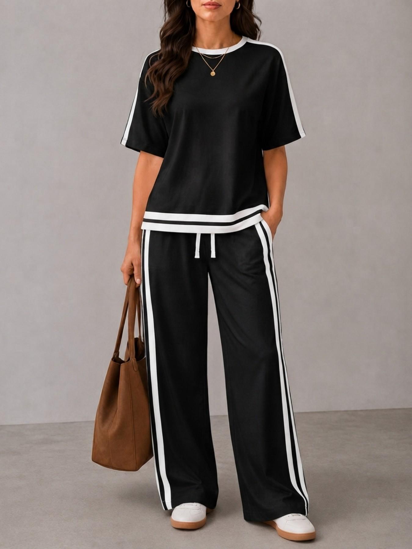 Women's Casual Sportswear Set, Plain Round Neck Short Sleeve T-Shirt and Striped Pants, Spring Summer Two-Piece, All Seasons, Loose Casual Athleisure