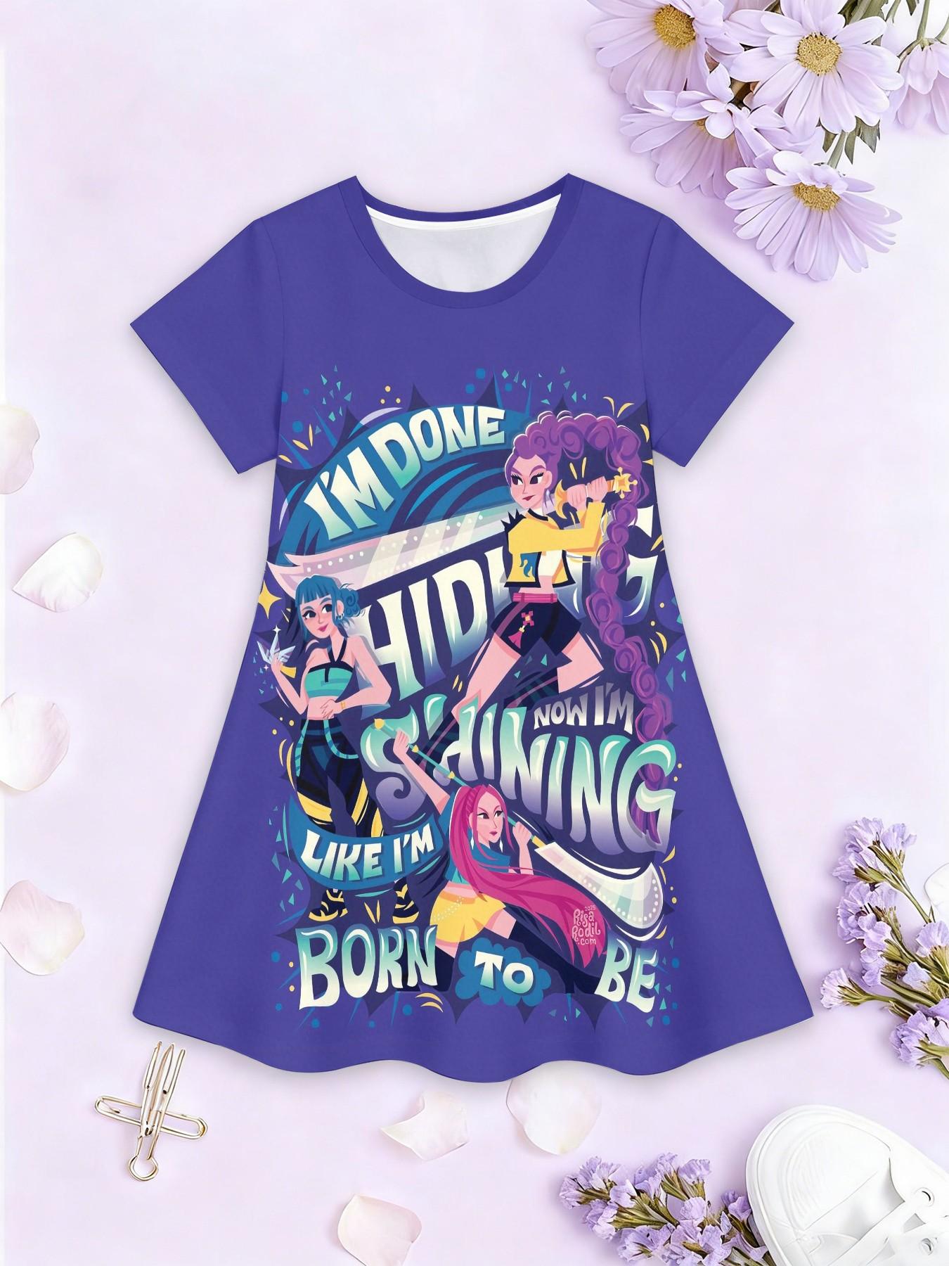 Trendy Girls' Witchcraft Girl Group Born to Be Printed A-Line Dress, Inspirational Short Sleeve Dress, Fashion Outdoor Wear, Birthday Gift, Festival Gift
