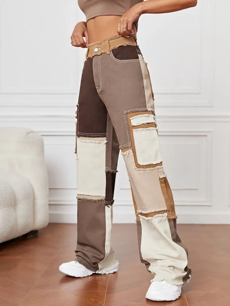 (petite) Marled Patchwork Denim Straight-Leg Pants, Casual Fitted Jeans for All Seasons, Trendy Streetwear for Music Festivals