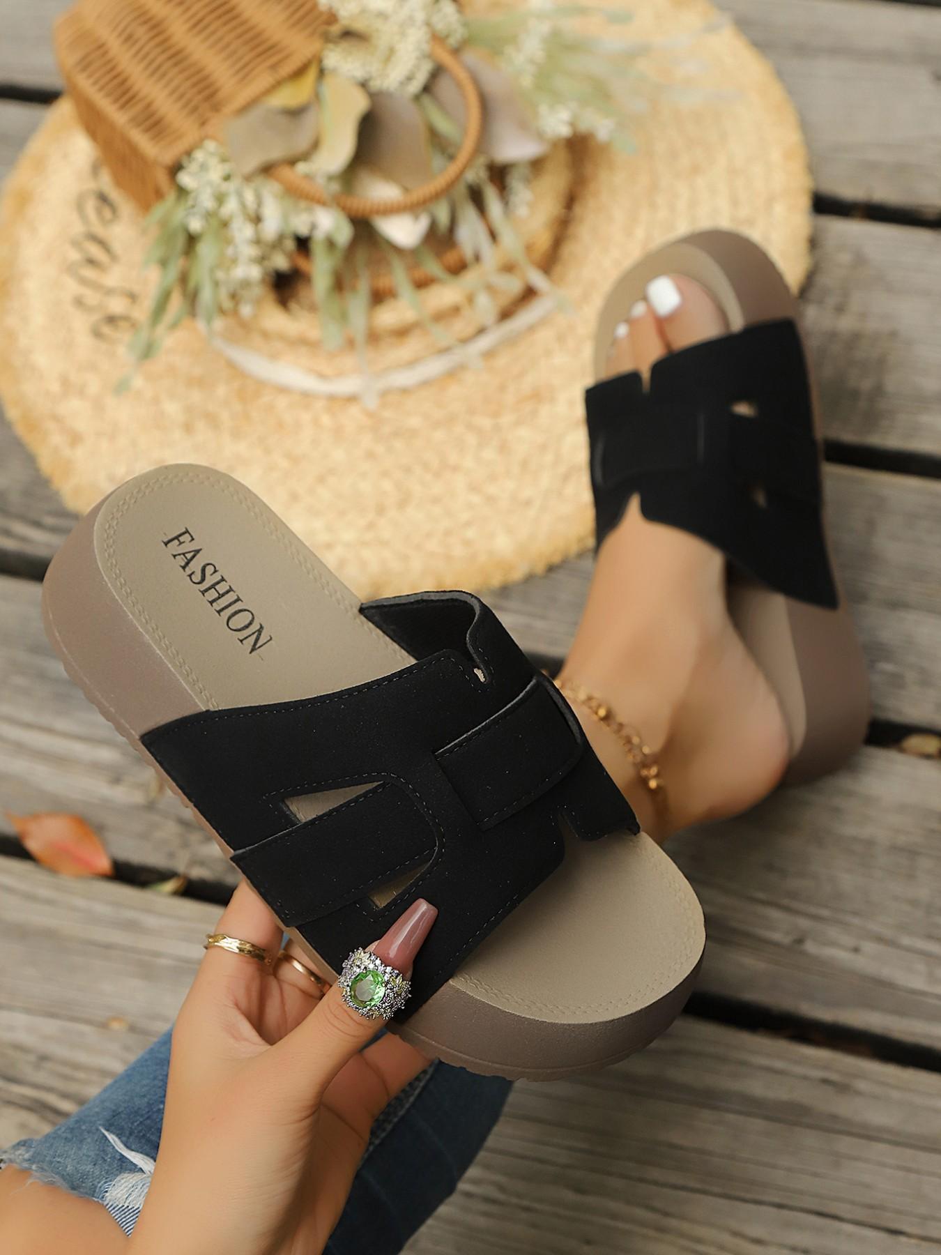 Women's Comfortable Open-Toe Sandals, Thick Sole PU Slip-On Shoes, Ideal for Casual Beach Vacations, Perfectly Comfortable