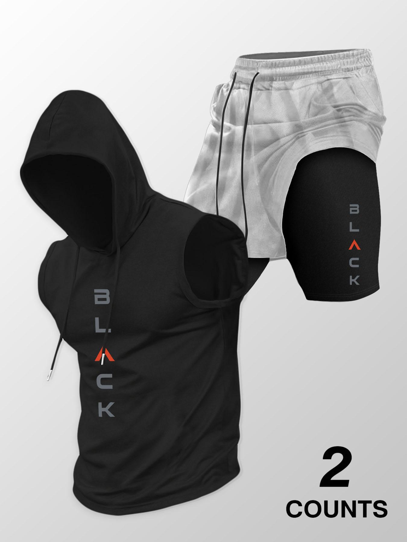 Two-Piece Set Men's Hooded Graphic Tank Top & Shorts Set, Regular Fit Casual Sleeveless Top & Shorts, Men's Clothing Set for Summer