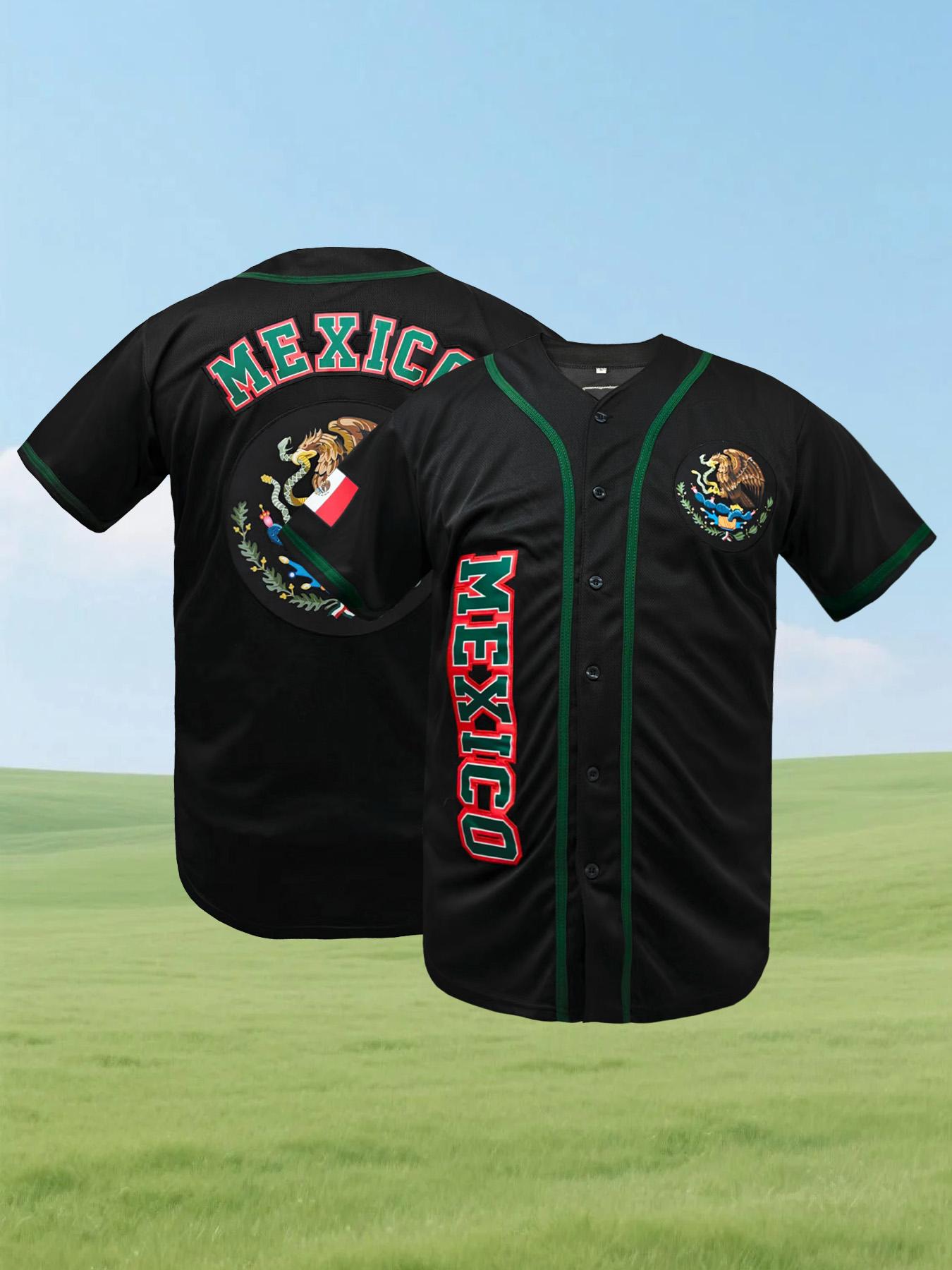 Men's Mexico Embroidery Baseball Jersey, Eagle Mexico Baseball Button Down Baseball Shirts, Mexican Flag Sports Shirt Unisex Style All Seasons