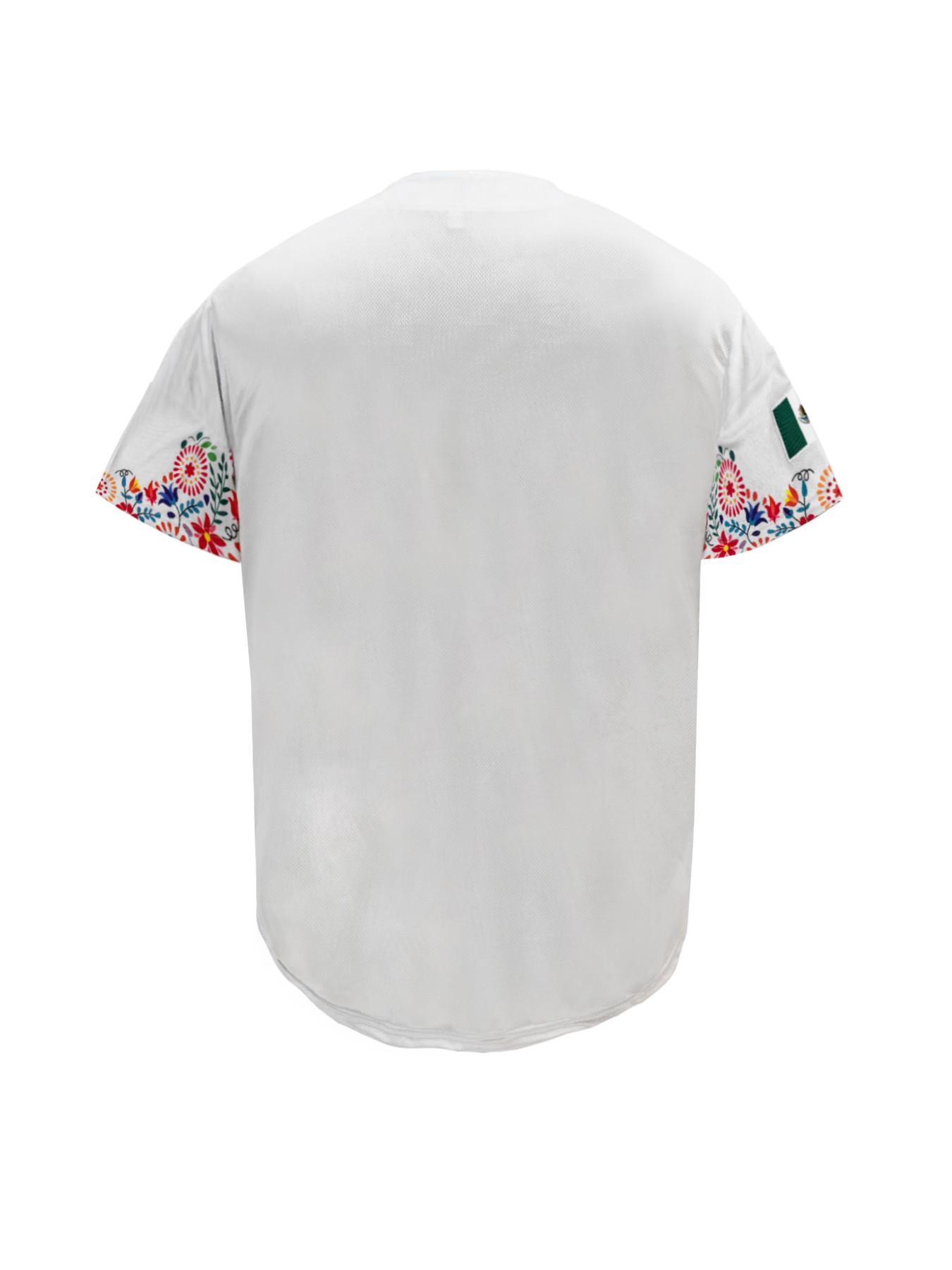 Mexico Floral Baseball Jersey, Unisex White Stitched Button-Down Uniform, Breathable Comfortable Ethnic Style Sports Shirt