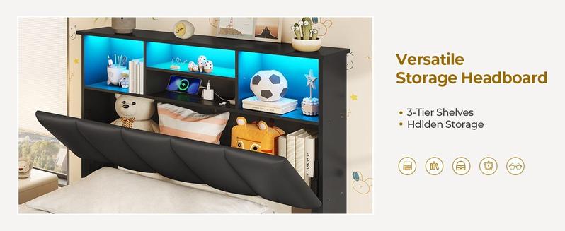 Sikaic Twin Size Bed Frame with Bookcase Headboard and Charging Station Black Bedroom Furniture Set