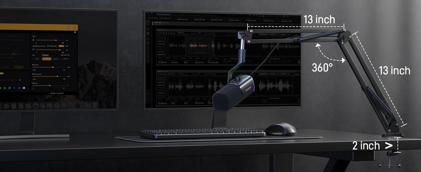 XLR/USB Gaming Microphone for PC, Dynamic Computer Mic for Streaming Podcasting, Noise Reduction, Mute, Volume Control, RGB Boom Mic for Vocal Recording,Voice-Over, PD100XS Black
