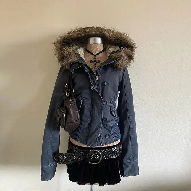 2026 Spring Retro Faux Fur Coats Women 2000s American Vintage Jackets Harajuku Gotihc Punk Clothing Jean Parkas Female Outwear
