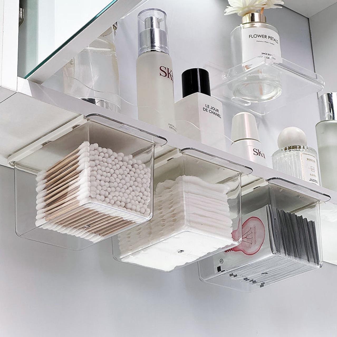 Transparent Cartoon Bathroom Mirror Cabinet Drawer Storage Box, Cotton Swabs Makeup Pads Organizer, Pull-Out Design, Ideal for Bathrooms