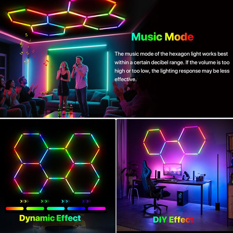 HYPERLITE RGB hexagonal light smart modular honeycomb light application, party office, garage light, LED wall decorative light, remote control, LED light, music synchronization, DIY color ceiling light Adjustable Lighting Options,Jumpstart newyear