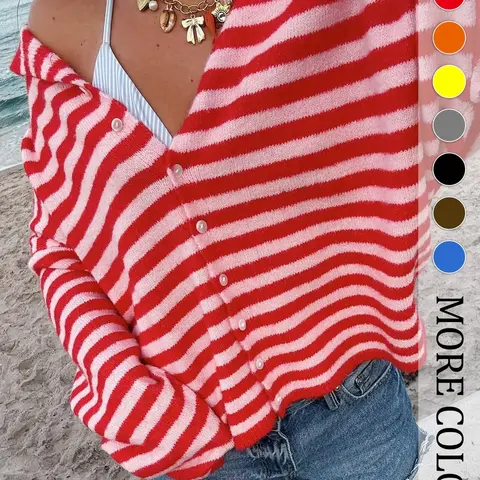 WOMEN'S LONG-SLEEVE V-NECK BUTTON KNITWEAR CARDIGAN WITH A STYLISH AND ATTRACTIVE STRIPED DESIGN, SUITABLE FOR CASUAL WEAR OR OUTINGS, Fit, Casual Striped Knitted