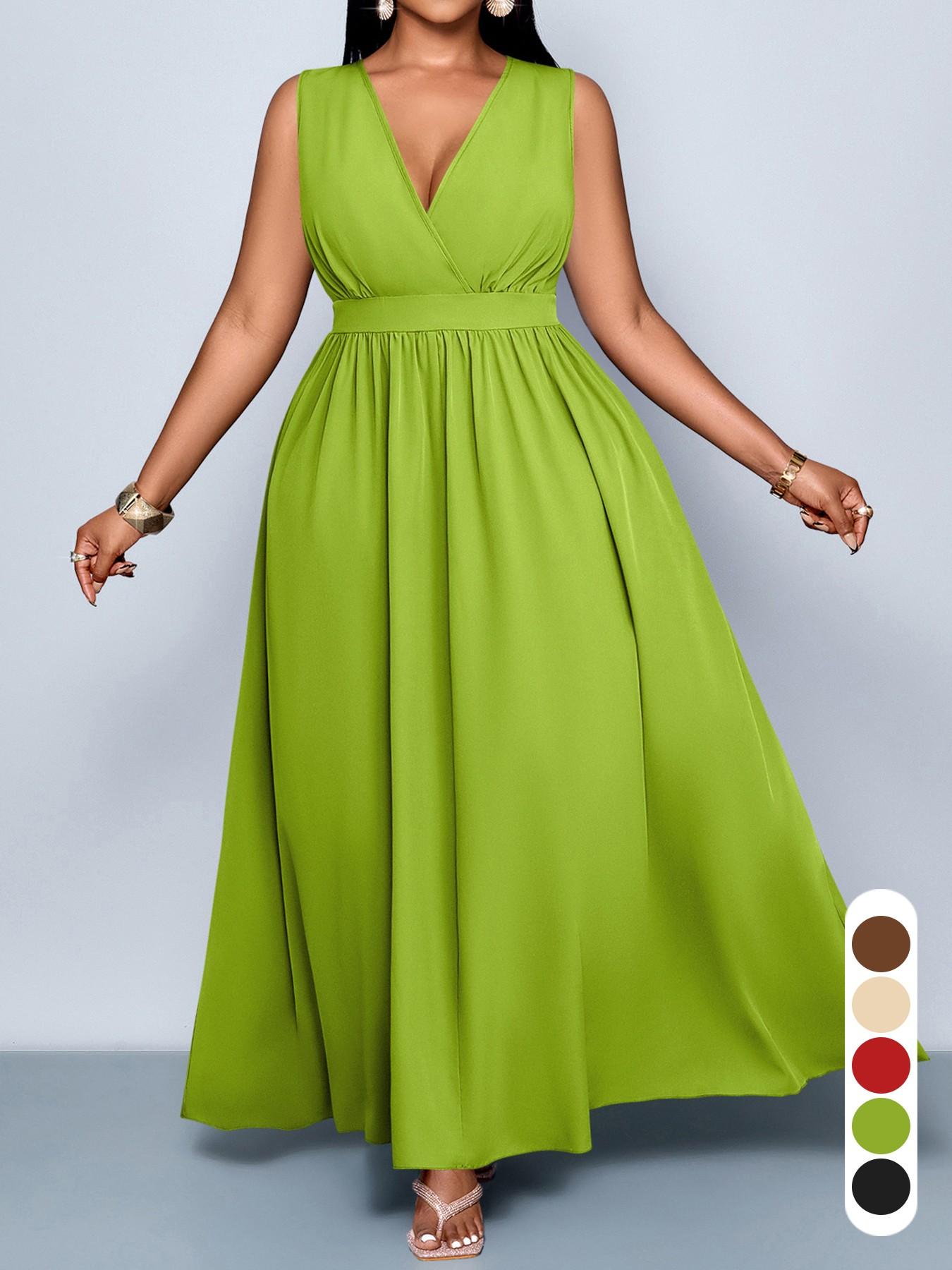 Plus Size Women's Elegant Sexy Casual Sleeveless High Waist A-Line Dress, Spring Summer Plain Color Plus Size V Neck Fitted Dress Womenswear