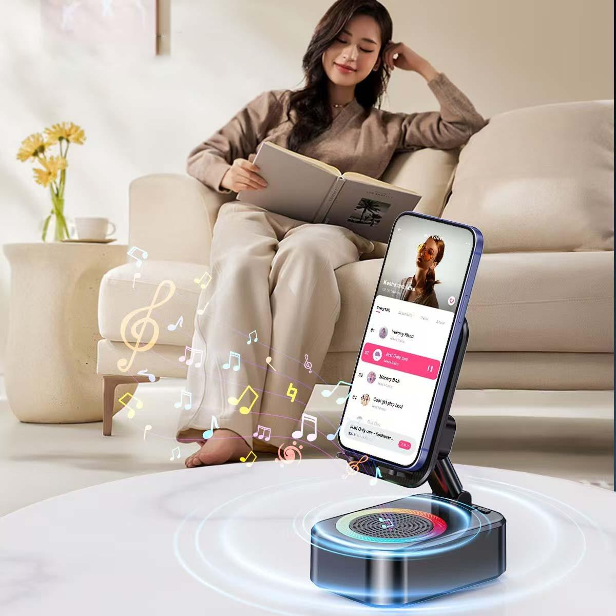 New Upgraded 5-In-1 Wireless Bluetooth-compatible Speaker, 1800mah Portable Power Bank, Tablet Stand, Phone Holder, Colorful Ambient Light, Foldable Base