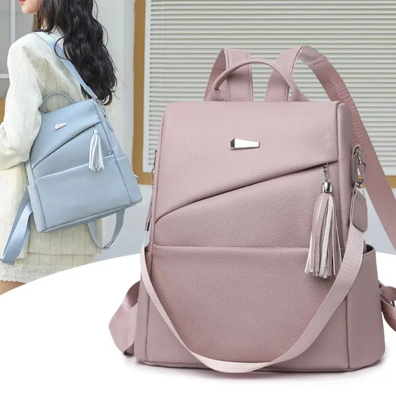 Fashion Women’s PU Anti-theft Backpack Tassel Decorative Casual Travel Female Shoulder Bag Large Capacity Student School Pack