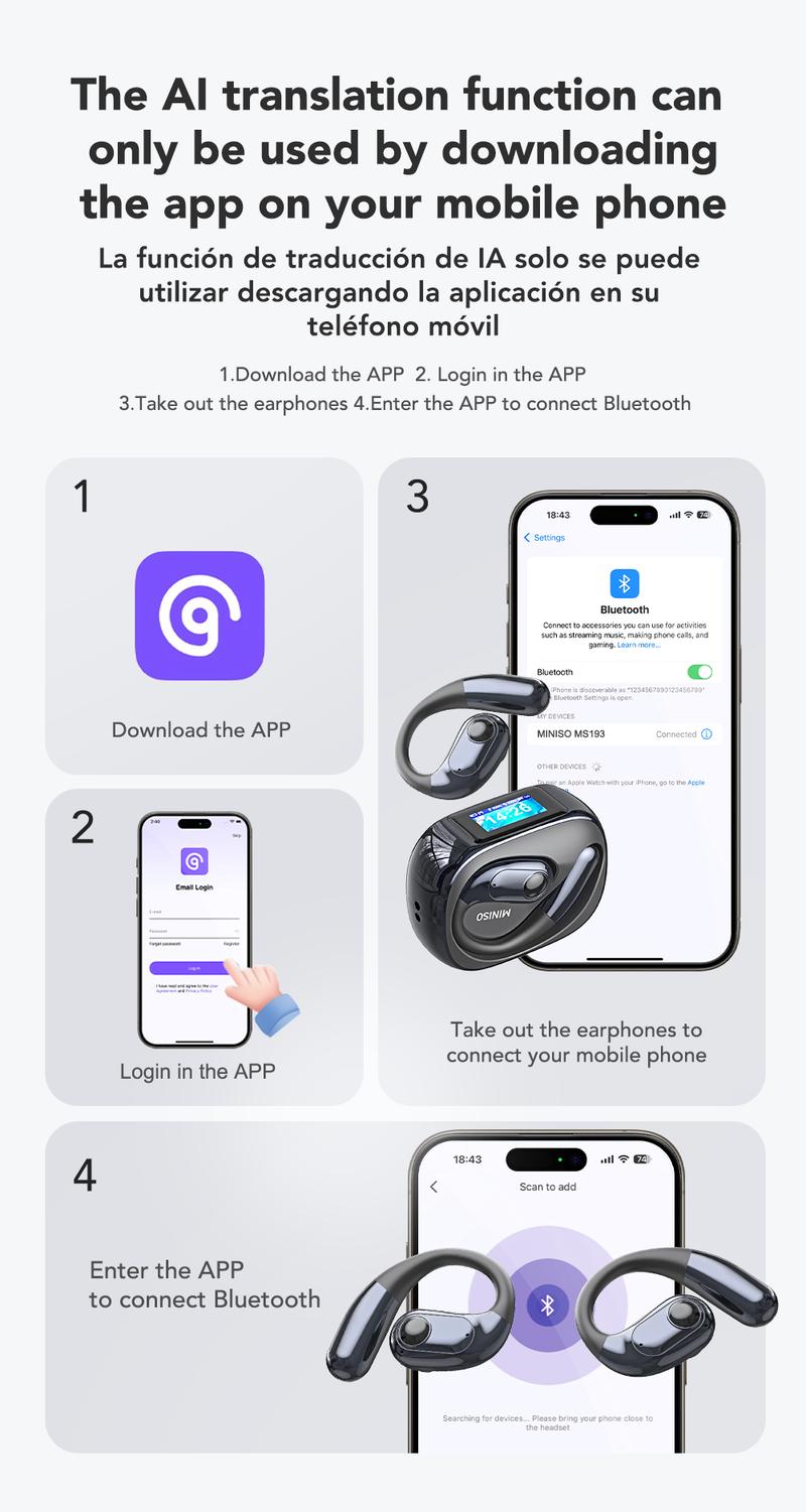 MINISO MS193 AI Headphones OWS Wireless Bluetooth 6.0 Earphones,134 Languages Translation,LCD Display Screen Charging Case,ENC Earbuds Smart Headsets   Chargeable Audio Black