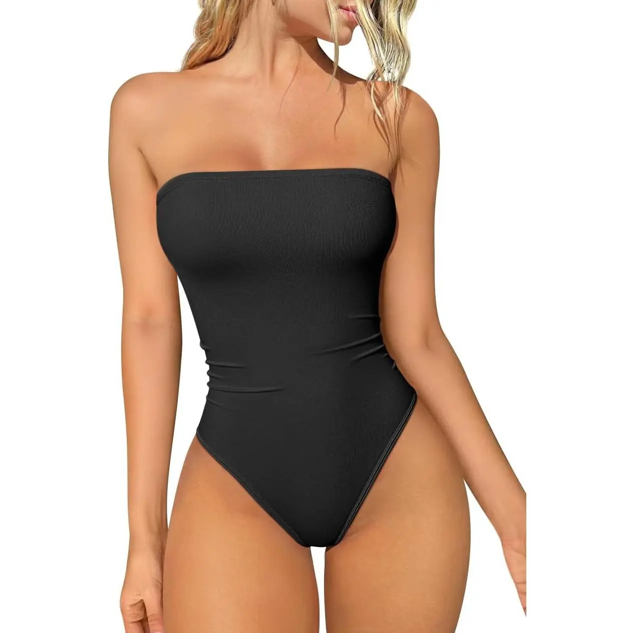 Womens Tube Bodysuits Strapless Basic Sleeveless Ruched Stretch Classic-Fit Tops Sexy Bodysuits