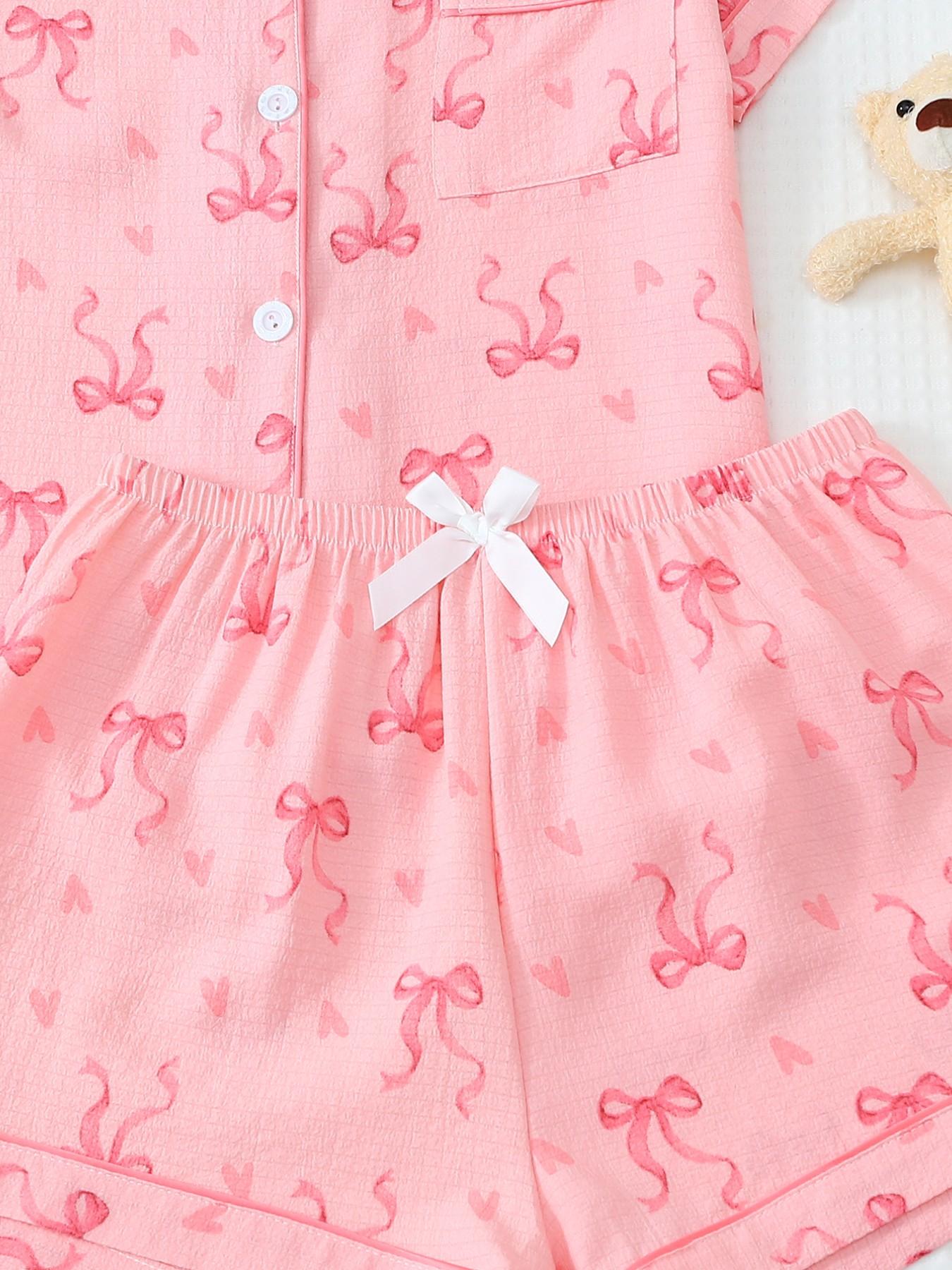 Women's Short Sleeve Button Down Top and Shorts Pajama Set, Spring Summer Wear, For French Gentle Style Girls, Soft Pink With Bow & Heart Print, Classic Lapel Collar, Loose Fit, Comfortable For Home, Afternoon Tea & Short Trips