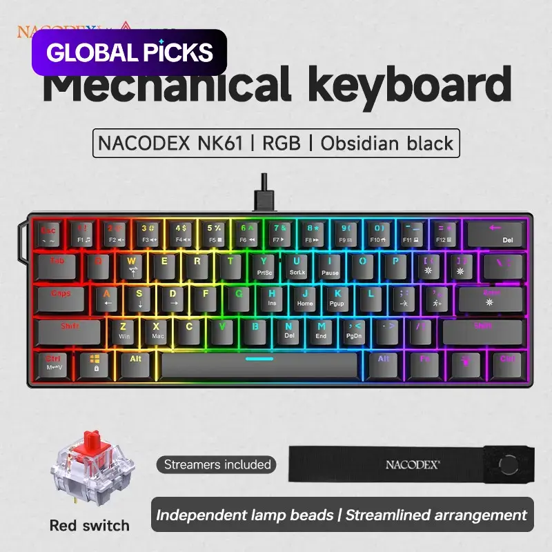 AJAZZ 60% layout NK61 wired gaming mechanical keyboard 61 key mechanical red switch entry-level gaming keyboard recommended plug and play small configuration desktop office keyboard game office dual-use