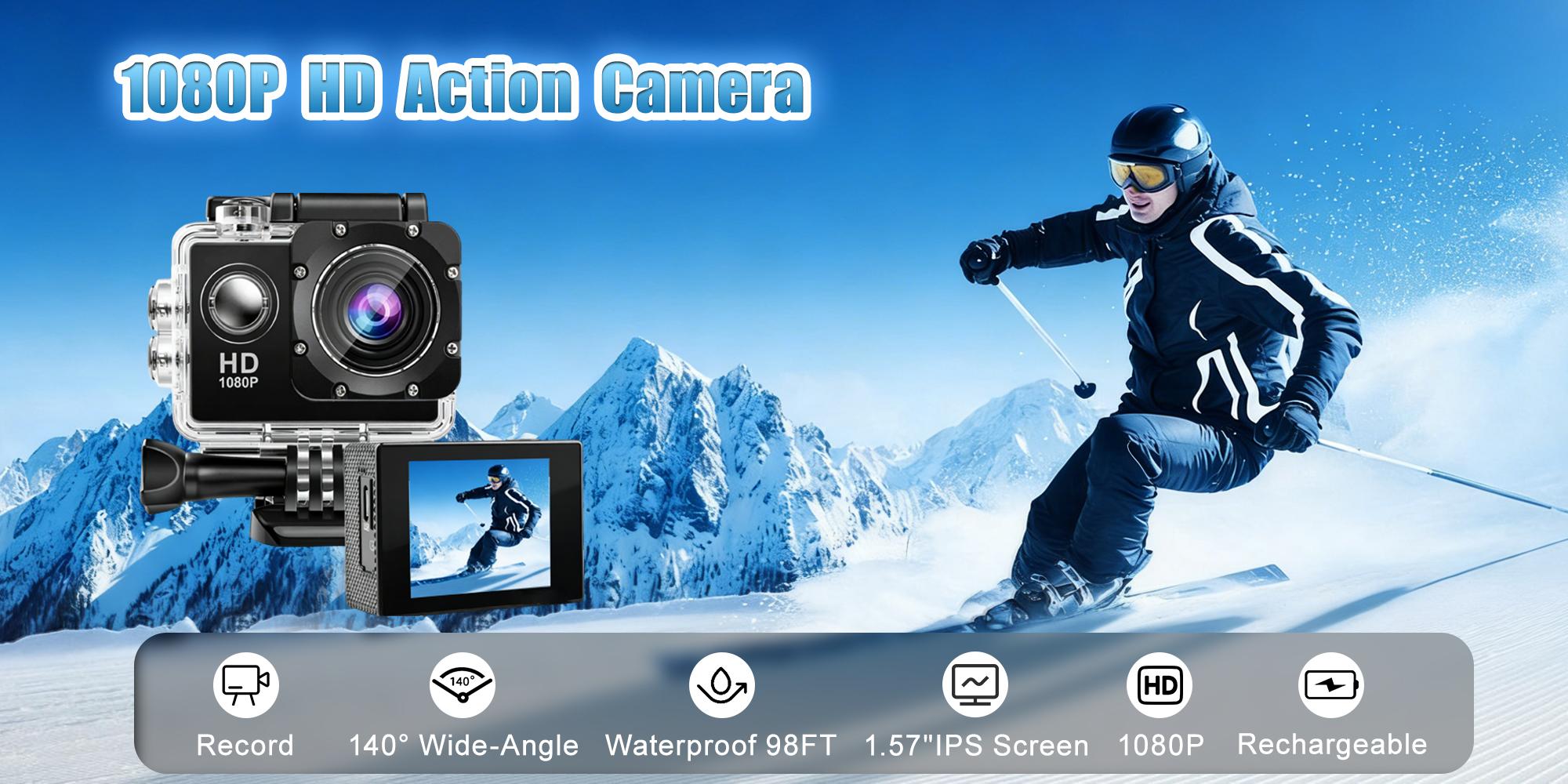 1080P Action Camera,98FT Waterproof Underwater Camera,USB Charing,140° Wide Angle,POV Camera,,Sports Camera with Accessories Kit,Suitable for Travel,Hiking & Surfing