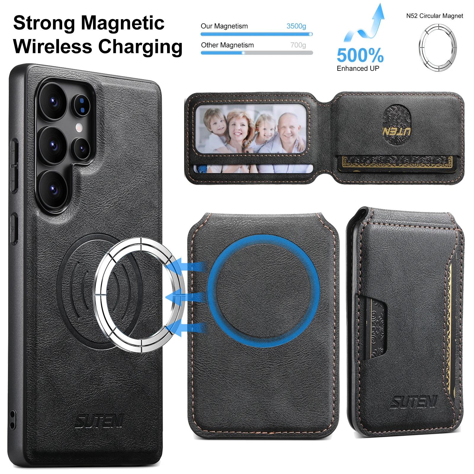 Magnet Wireless Charging Luxury Faux Leather Phone Case Card Holder Stand For Samsung Galaxy S26 Ultra S25 S24 S23 S22