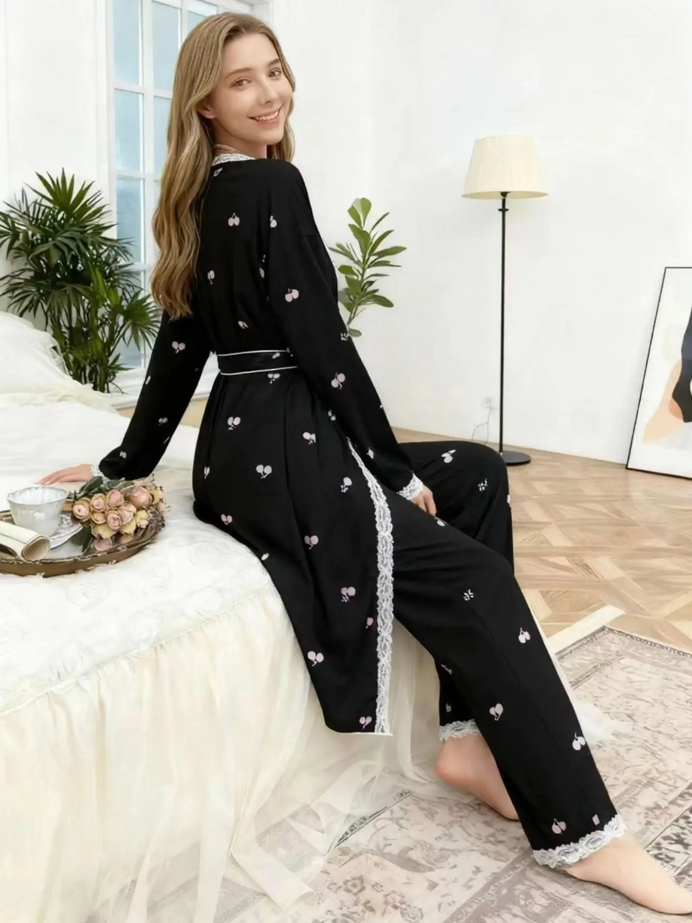Elegant Women's Pajama Set Satin Robe 3-Piece Lace Cherry Print Robe  Satin Dressing GownSoft Breathable Long Sleeve Sleepwear Loungewear Bathrobe Casual Home Wear for Daily Comfort