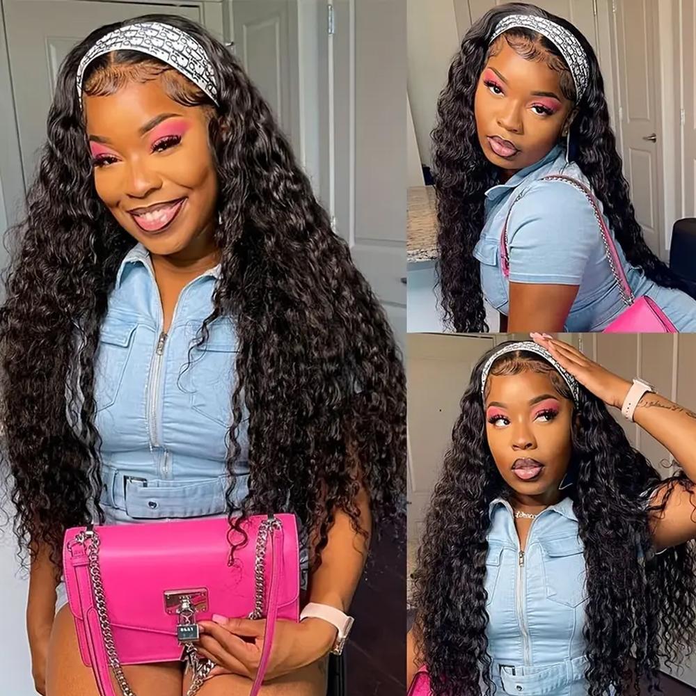 Bling Hair Headband Wig Deep Wave Machine Made None Lace Human Hair WIg Ready to Wear Glueless Curly Headband Half Wig For Wowen Beginner Friendly 180% Density TikTokShopHolidayHaul
