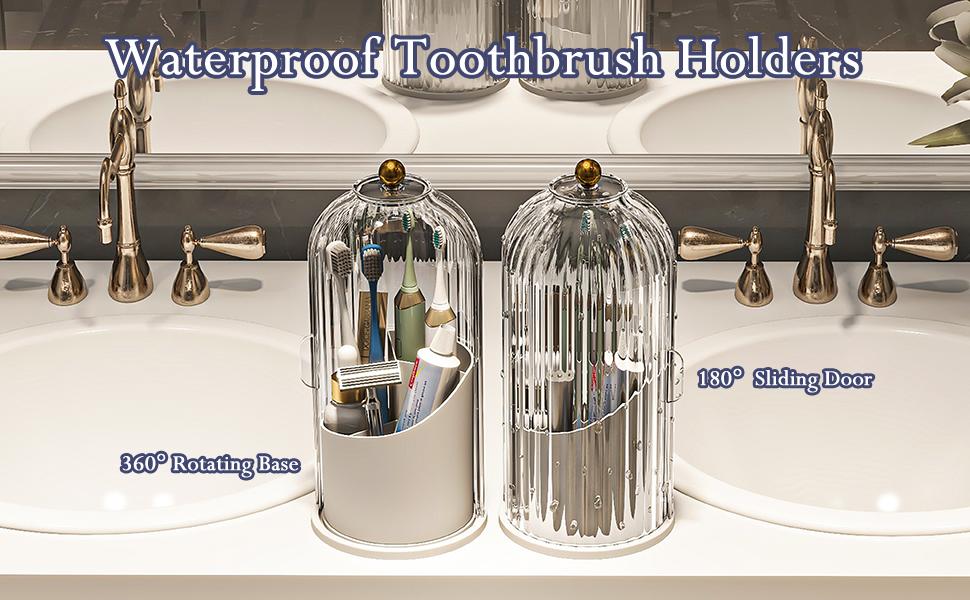 Toothbrush Holders with Dustproof Cover, 360 Rotating Toothbrush and Toothpaste Holder for Bathroom Countertop, 3 Slots Transparent Makeup Brushes Organizer for Vanity Makeup Brushes Holder summerwins
