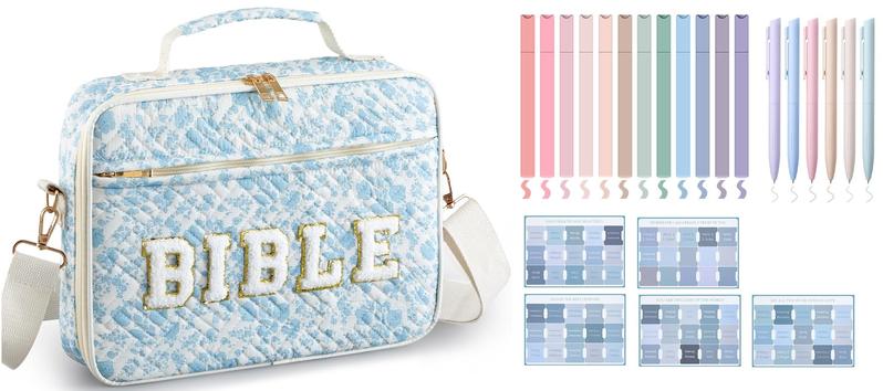 Valentine Gift Bible Bag for Women, Floral Bible Bag 12x9x2.5In Large Chenille Letter Bible Cover PU Leather Bible Case with Tabs Colored Pen Highlighters Tote Bag with Shoulder Strap, Bible Journaling kit for Church Christian Girls,Sunday Prayer Supplies