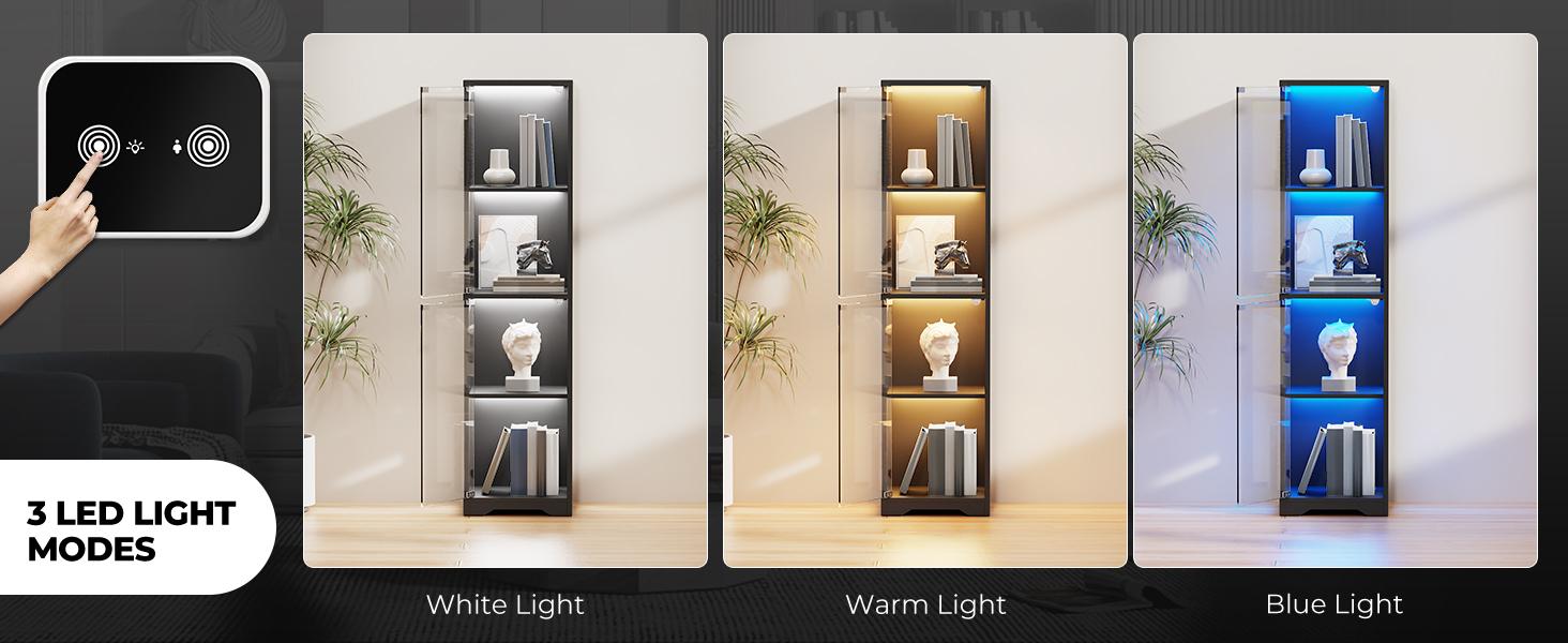 MIIFUNY Display Cabinet with Glass Doors, 4-Tier Display Case with 3 Color Lights for Collectibles, Display Shelves with Human Body Sensor, Black