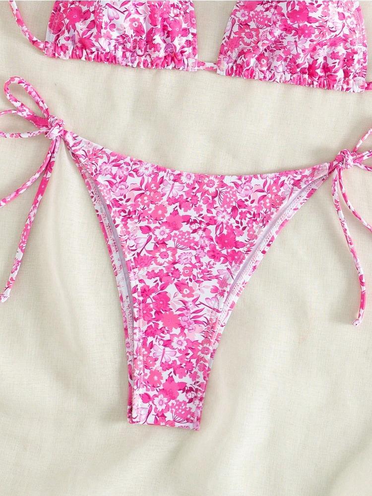 Women's Floral Bikini Set with Adjustable Straps, Sexy Vacation Beachwear, Printed Halter Neck Swimsuit, Spring Summer 2026 Fashion, Floral Print Swimsuits