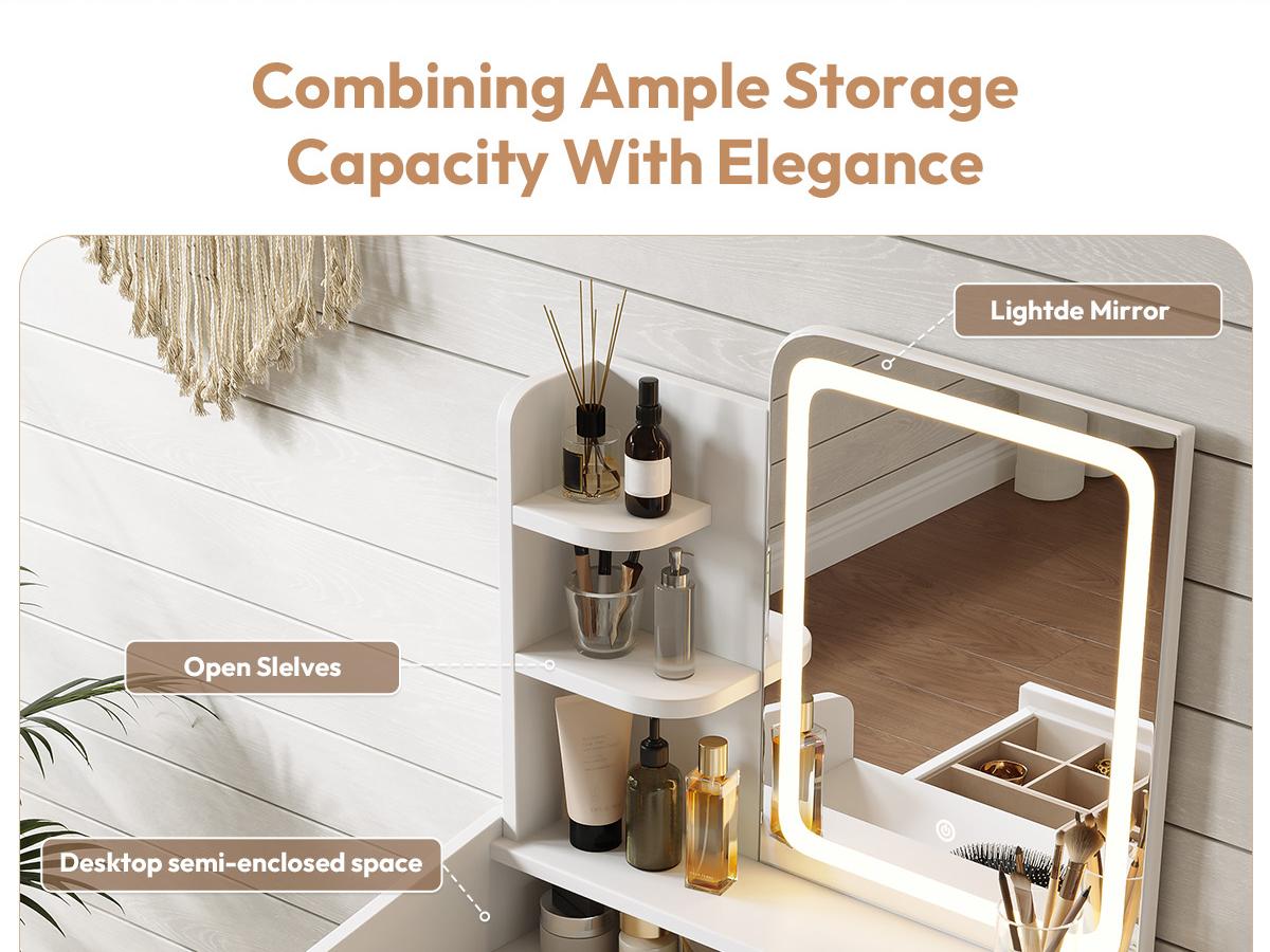 Dowinx Small Vanity Desk with Mirror and Lights, Makeup Vanity with Drawer & Storage Shelves, Makeup Desk with 3 Lighting Modes & Adjustable Brightness, Dressing Table for Women Girls Bedroom