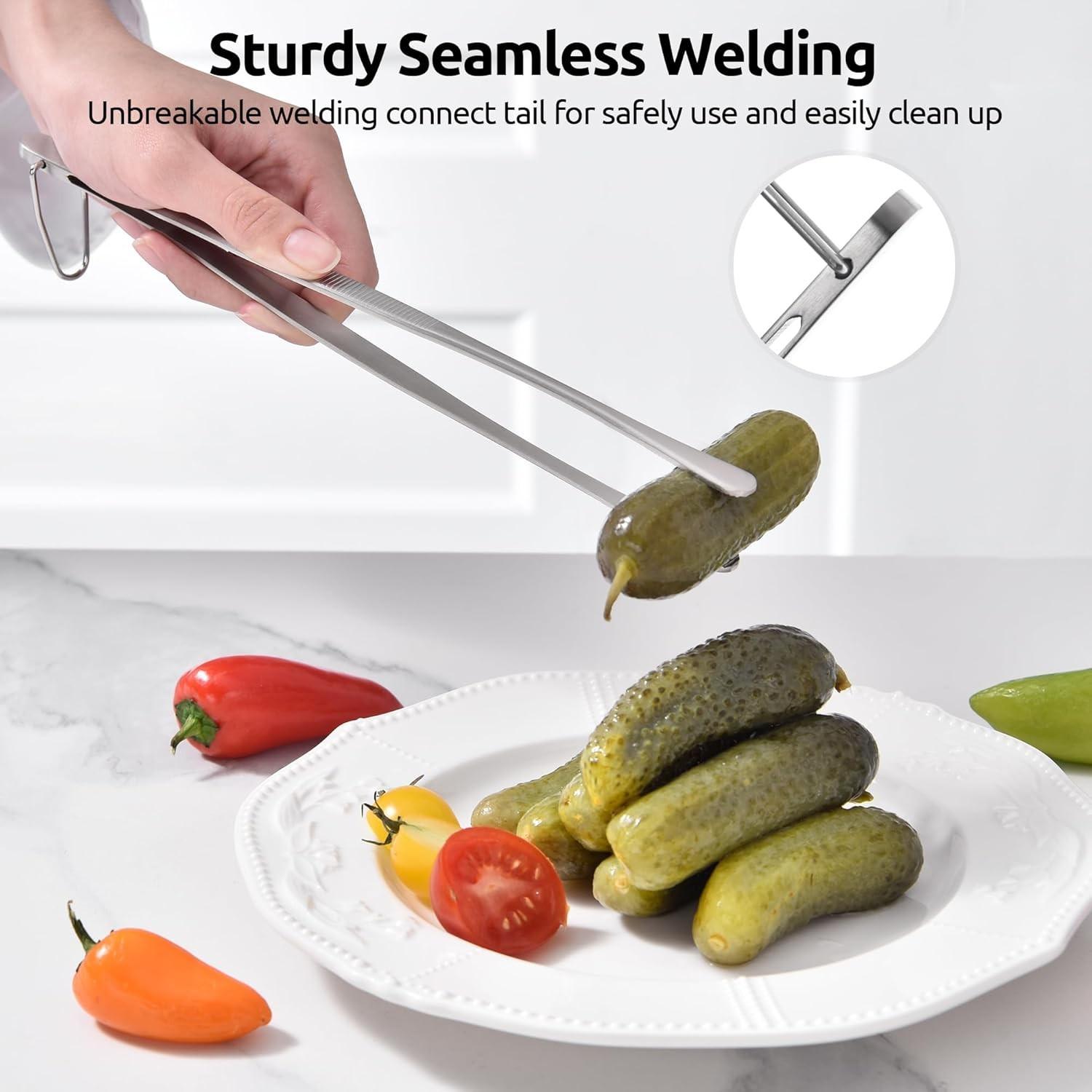 4-Pcs Stainless Steel Food Tongs Heat Resistant for BBQ Grill Cooking Baking Serving Frying Plating Sturdy Kitchen Gadget for Renters Home Cooks Young Families