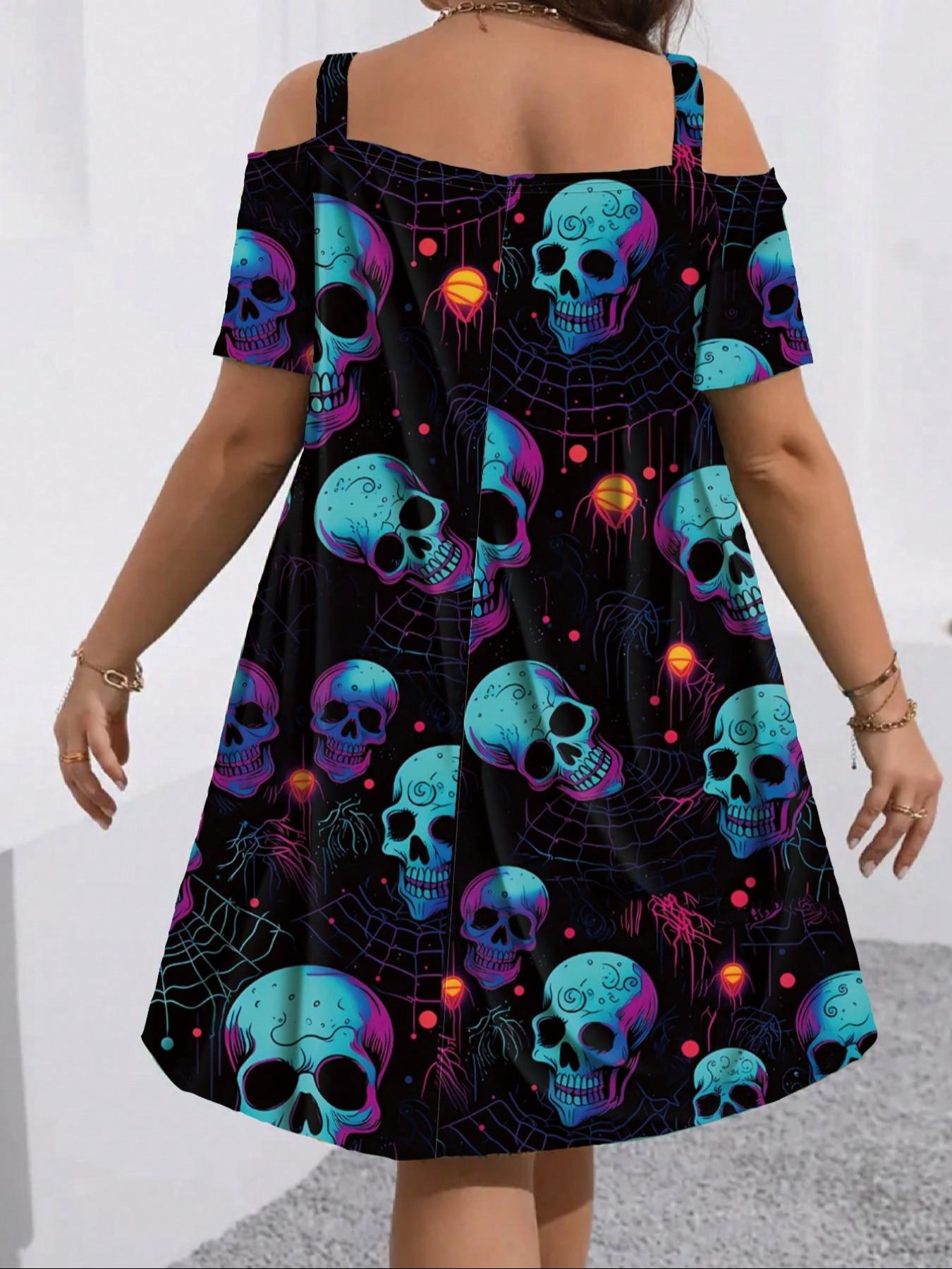 Summer Women's Short Sleeve Hollow Out Spaghetti Strap Fashion Elegant Fitted Halloween Skull Print Dress, Lady, Casual Cut Out, Comfortable Fit, Stylish and Trendy, Perfect for Casual Wear, Womenswear