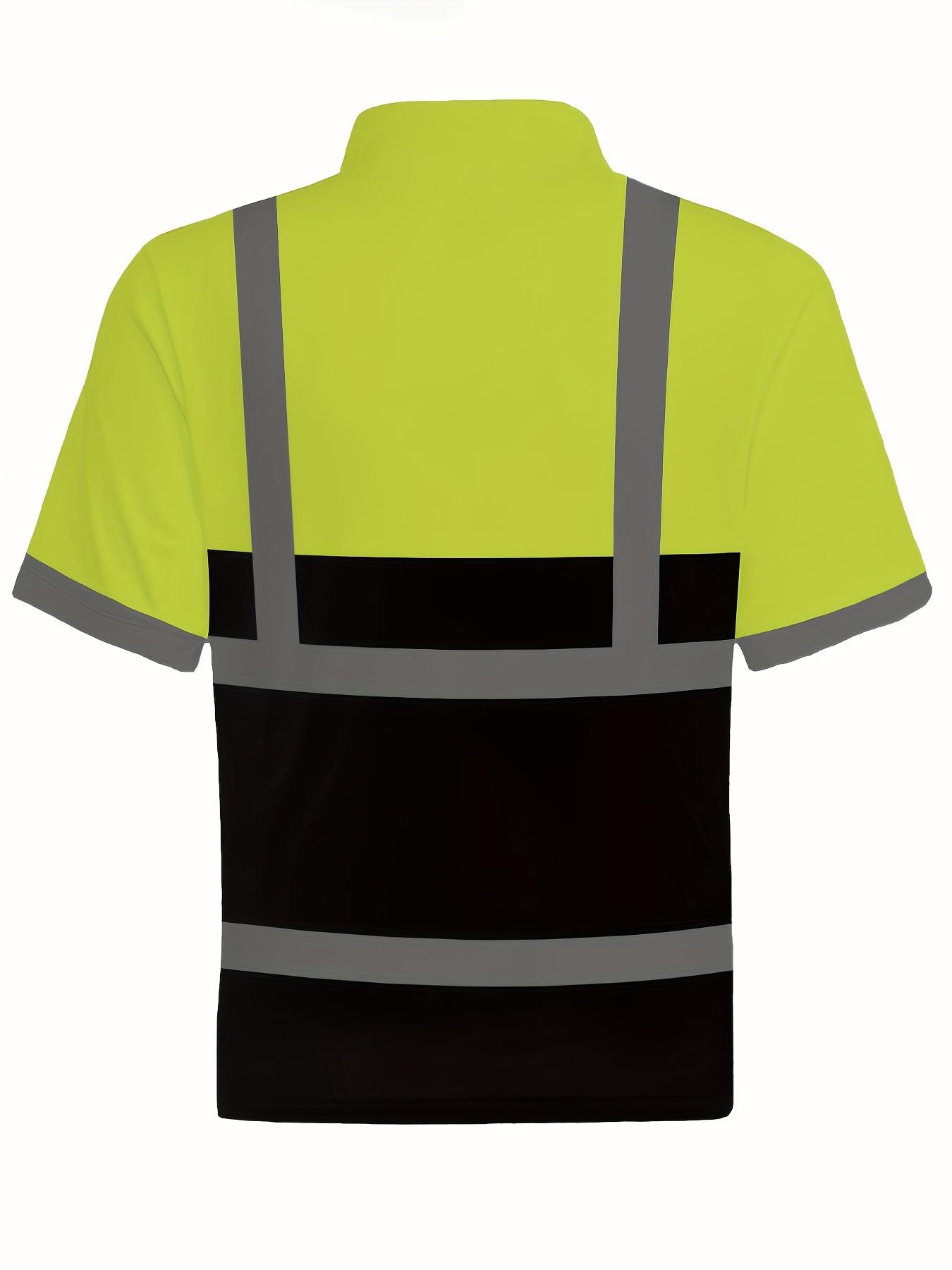 Men's High Visibility Reflective Polo Shirt, Half-Zip Short Sleeve Hi Vis Casual Work Shirt, Fluorescent Yellow & Black Safety Construction Workwear with Reflective Strips