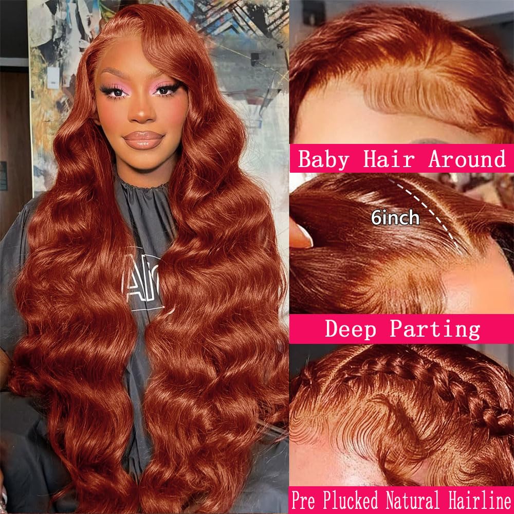 13x6 Lace Front Wigs Human Hair Pre Plucked 13x6 Reddish Brown HD Transparent Body Wave Lace Front Wigs Human Hair For Women Ginger #33 Colored Brazilian Virgin Hair Glueless Wigs