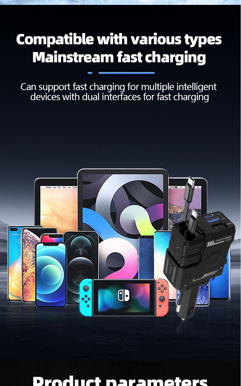 Joytutus 120W Retractable Car Charger 4-in-1 Fast Charging for iPhone Samsung iPad with 2 USB C Cables Type-C Output 5V/3A USB-A 5V/2.4A 12V-24V Devices