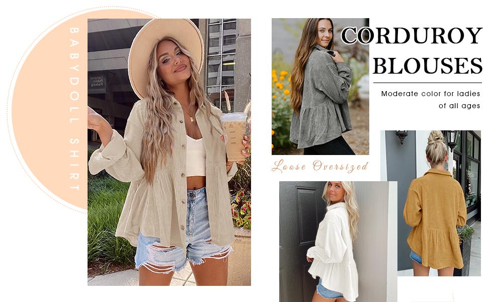 PiePieBuy Womens Corduroy Shirts Casual Long Sleeve Button Down Blouses Tunic Babydoll Dress Loose Pocket Jacket Shackets