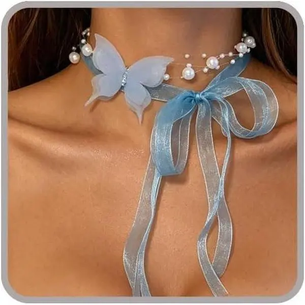 Lace Butterfly Necklace Dainty  Beaded Bow Tie Ribbon Necklaces Long Elegant Lace Fairy Tassel Choker White Black  Blue Butterfly Choker Necklaces Cute Butterfly  Y2K Aesthetic Jewlery for Wedding Party Prom