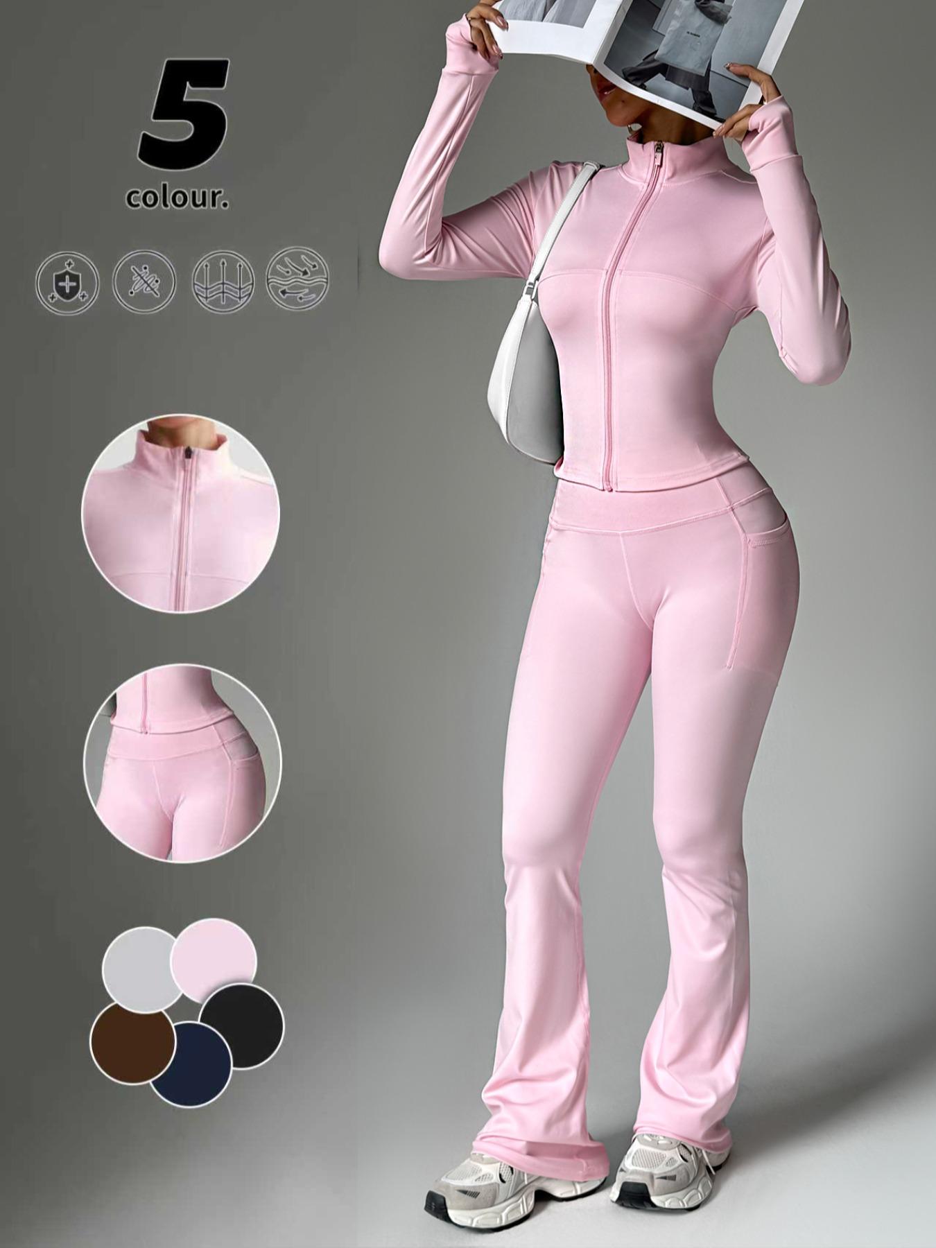 Women's Solid Color Zipper Jacket & Pocket Flare Pants Set, Athleisure Wear Set, Perfect for Yoga & Gym & Outdoor Use, Comfortable Breathable Outfit for Autumn Winter