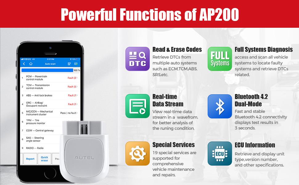 Autel AP200 Bluetooth OBD2 Scanner, Code Reader with Full Systems Diagnoses and 19 Service Functions, Vehicle Scan Tool for iPhone & Android Devices, Mini Size Version of MK808 Diagnostic