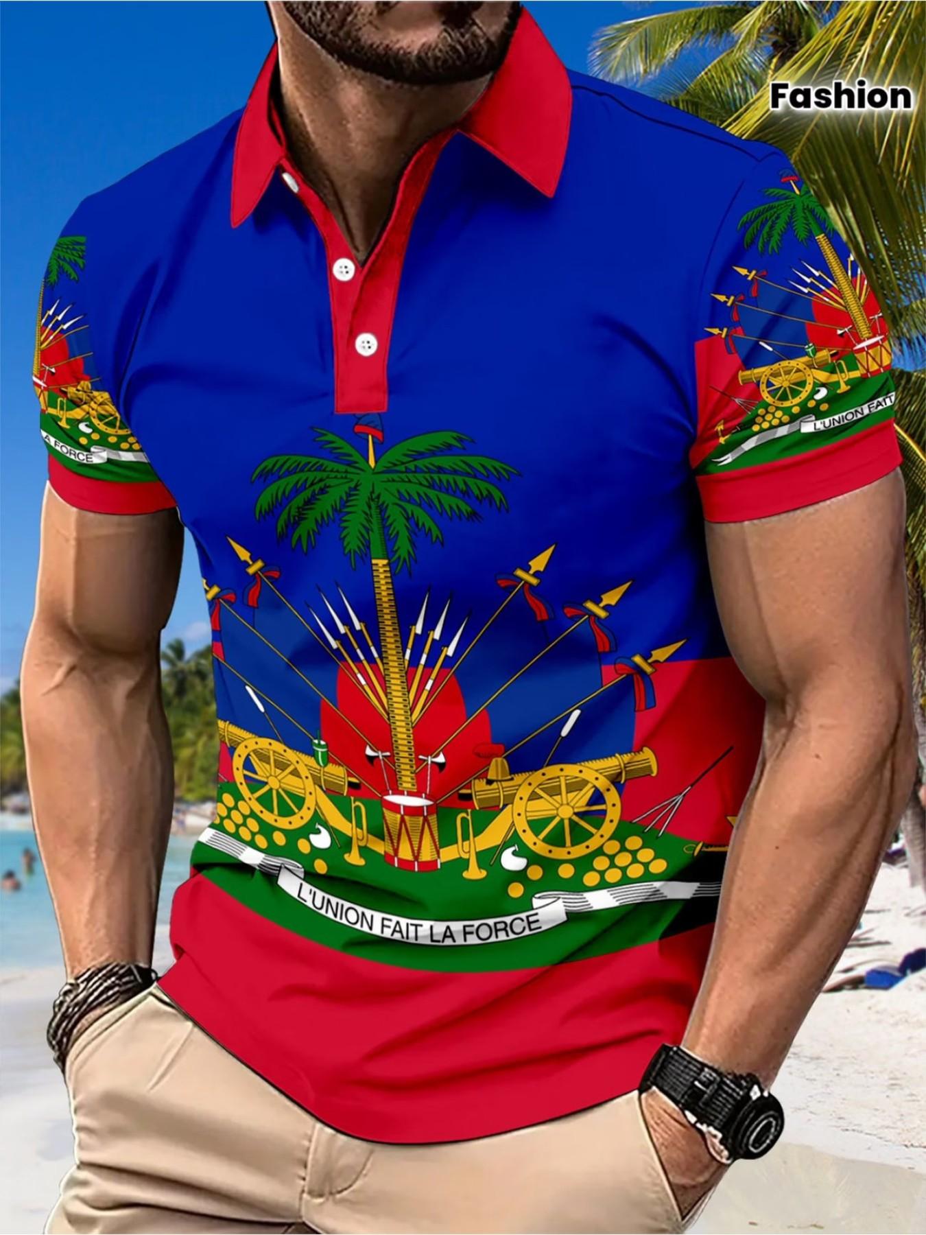 Summer Men's Tropical Colorblock Dopamine Full Print Street Fashion Polo, Collared Polo Shirt, Menswear, Haiti Flag Print Golf Shirt, Loose-Fit Casual All-Season Top, Printed Polo Shirts, Summer Polos
