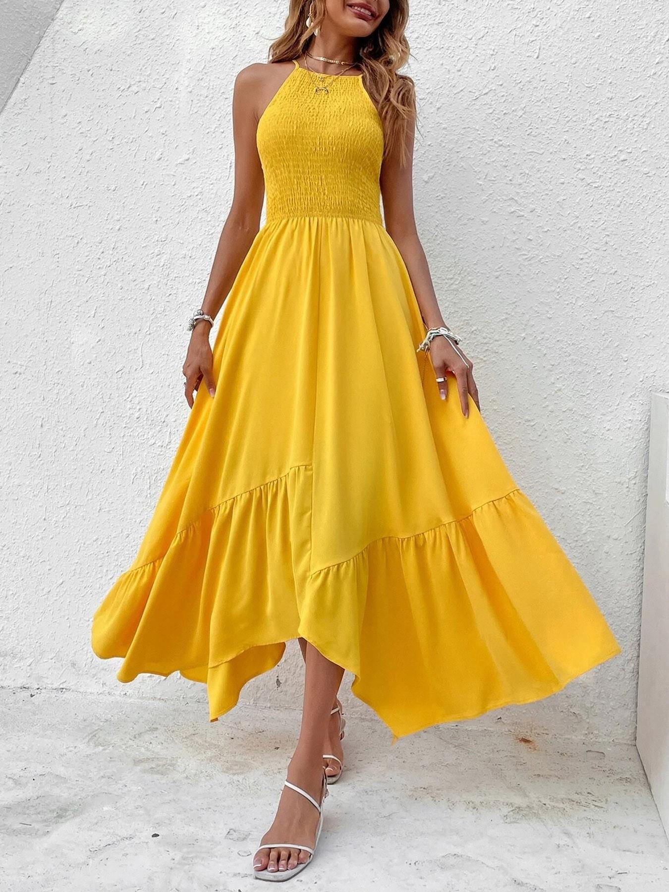 Pure Color Halter Top Front Gathered Design, Irregular Hem Waist Cinched Chic Dress, Perfect for Beach Vacation, Spring & Fall Fashion