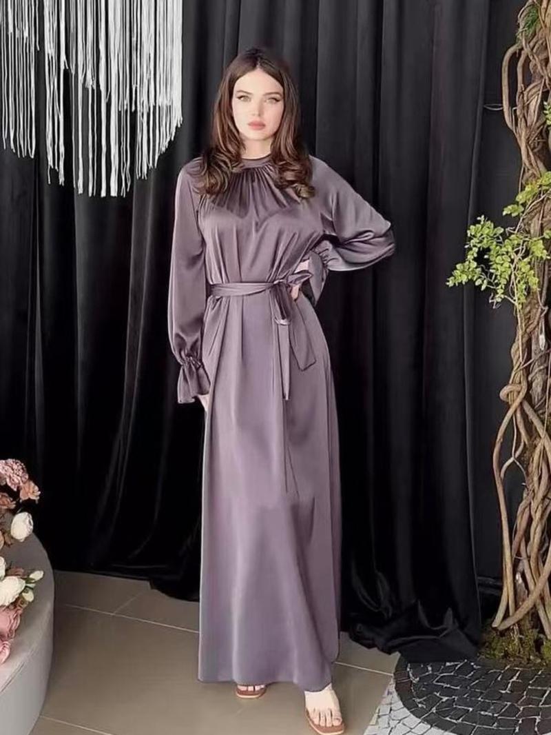 Elegant Satin Women's Dress, Long Sleeve Round Neck, Belted Plain Style, Chic Elegant Fitted, Perfect for Parties and Formal Occasions, Spring & Fall