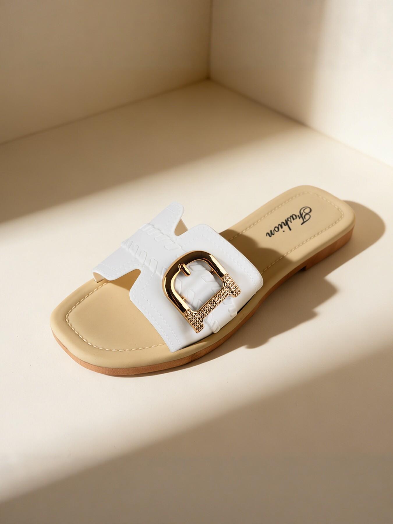 Women's Open-Toe Sandals with Decorative Buckle, Lightweight Breathable Flat Shoes, Cute Casual Style, All Seasons, Indoor Outdoor Use