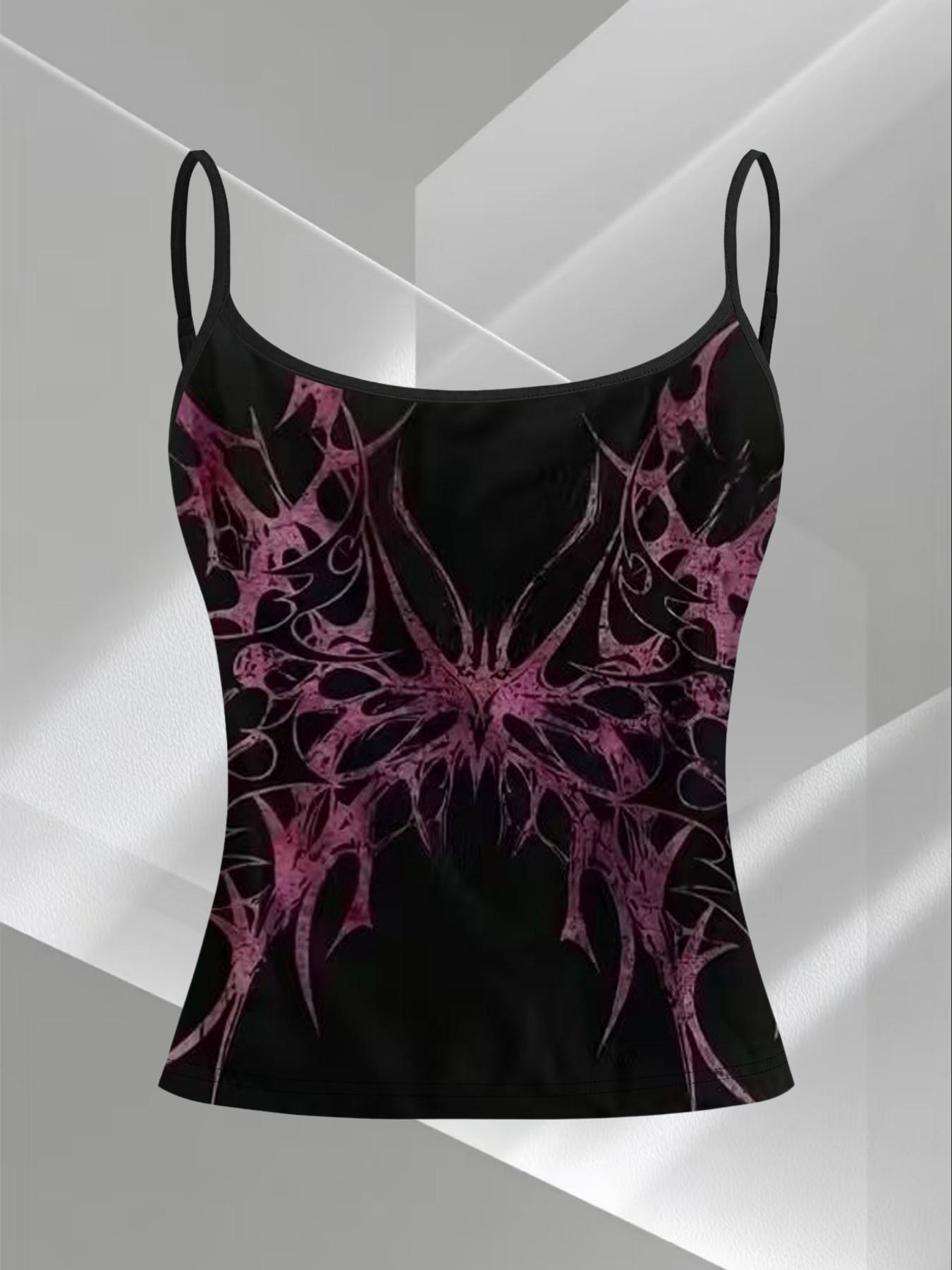 Dark Thorn Totem Print Strap Top, Subculture Y2K Cyber Atmosphere, Summer Slim-Fit Three-Piece Set, Casual Sleeveless Clothing