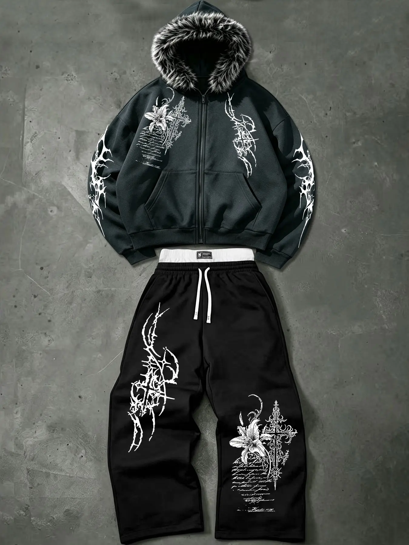 Men's Loose Matching Tracksuit, Furry Collar Zip Hooded Jacket and Wide Leg Pants, Gothic Lily Cross Thorn Art Print, Daily Streetwear 2pcs Set #Y2K #TrendingViral #StreetwearSet #GothicPrint #MensMatchingOutfit #CasualFit