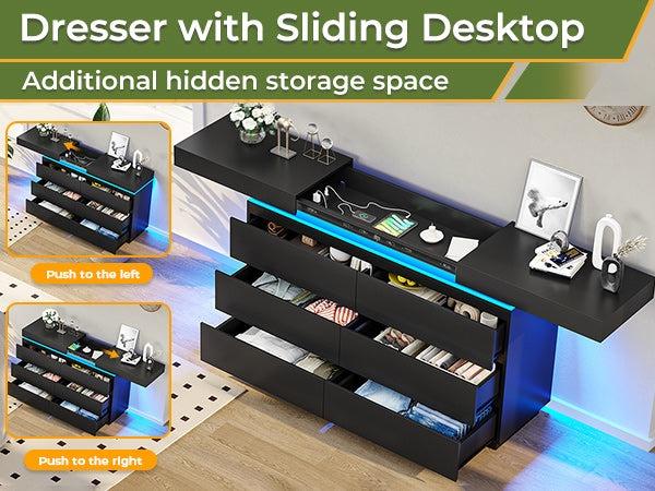 Sikaic LED Lights Dresser for Bedroom with Charging Station and Sliding Desktop Drawers Large Storage Tower Clothes Organizer